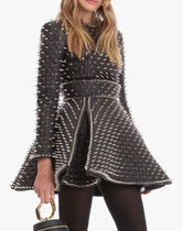 Handmade Women 2 piece Stylish Silver Studded Dress Jacket and Skirt Leather, Bachelor Party Back Zippered Fashion Costume 2 piece Dress